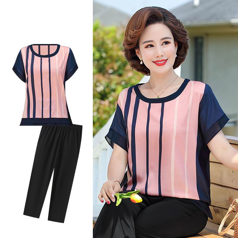 中年妈妈装套装夏装40到50岁60洋气中老年人短袖t恤两件套女名瑞德