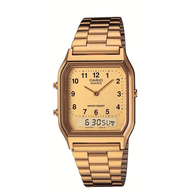 卡西欧(CASIO)半金半银复古潮流男款石英手表不锈钢表带防水电子指针双显