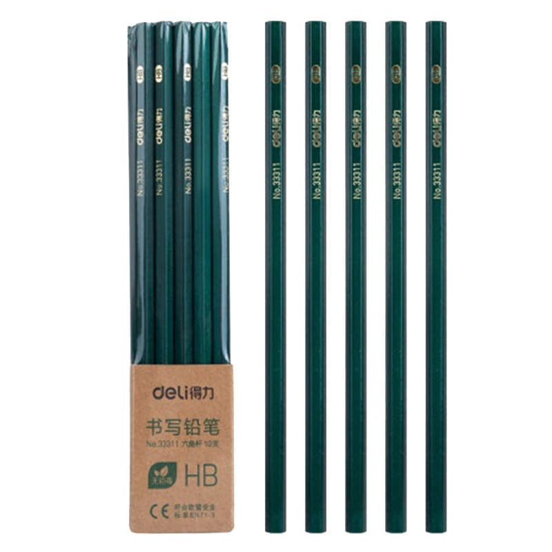 得力33311 经典学生HB铅笔六角笔杆素描绘图铅笔 10支绿杆高清大图