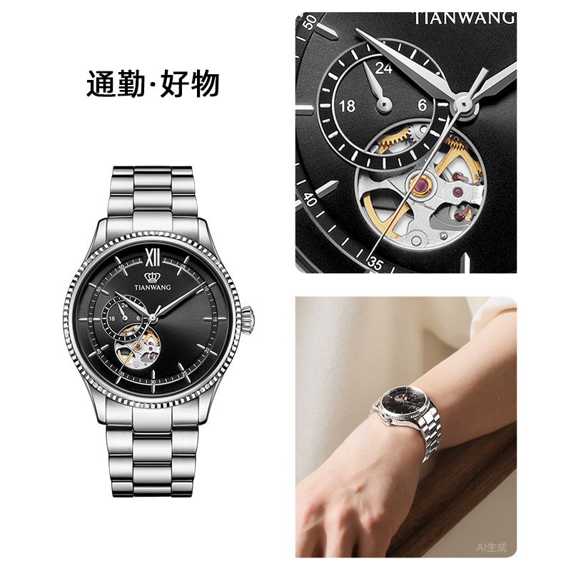 天王手表男士镂空机械表商务休闲男表高级蝴蝶扣正品腕表51232高清大图