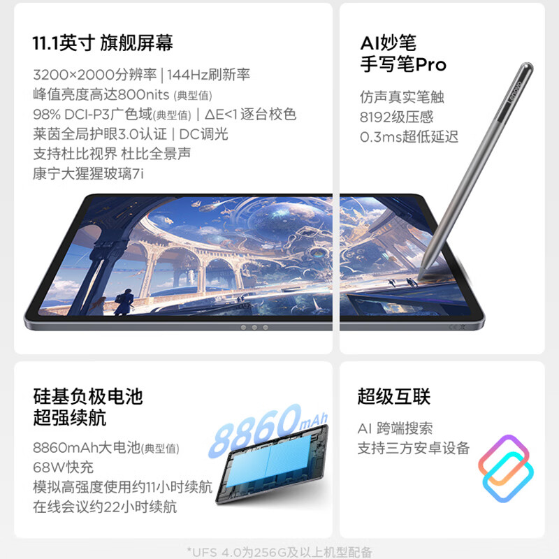 联想平板小新ProGT 11.1英寸3.2K超清屏144Hz高刷 办公学习游戏AI平板电脑 12GB+256GB浅海贝高清大图