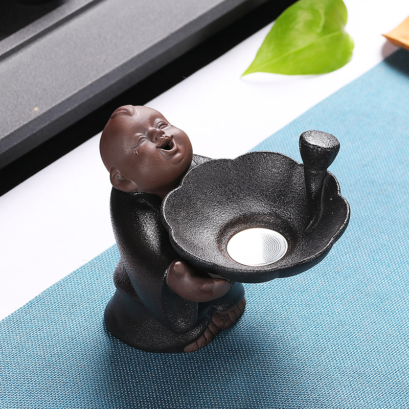 尚帝(shangdi)茶漏创意茶滤粗陶不锈钢泡茶过滤器功夫茶具配件陶瓷简约个性 细哑黑童牧茶漏架高清大图