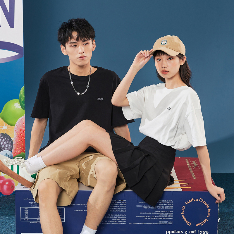 唐狮夏季新款情侣装短袖T恤男女后背印花设计感半袖衫