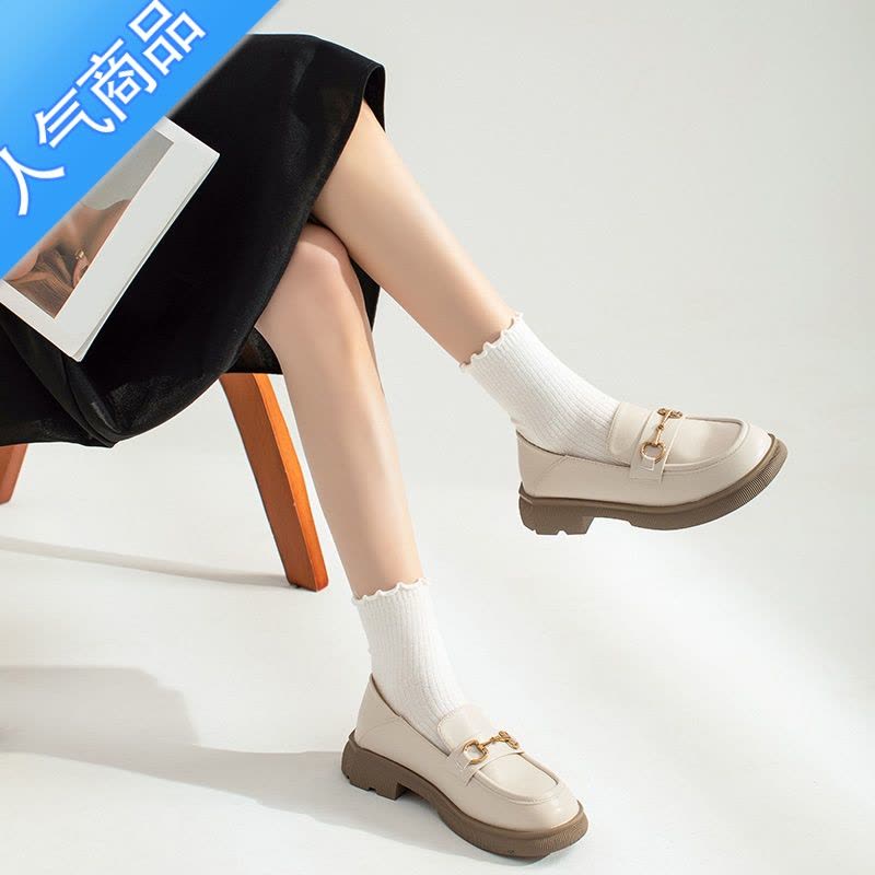 SUNTEK厚底乐福鞋女2023新款夏季粗跟白色英伦小皮鞋一脚蹬软皮浅口单鞋图片