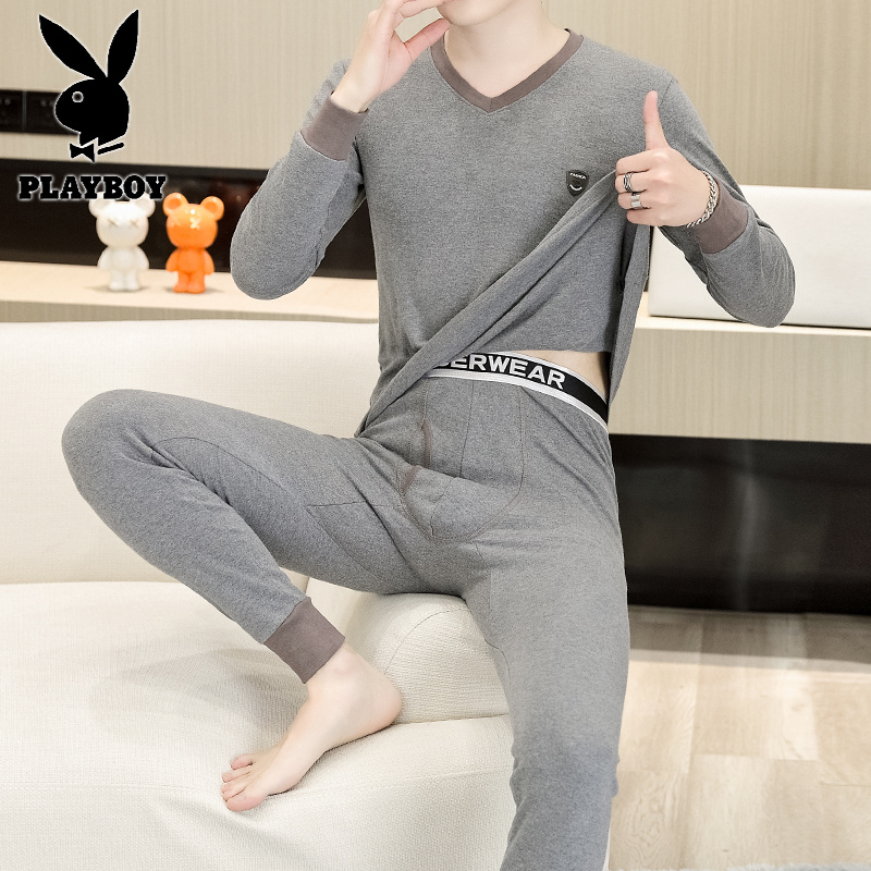 花花公子新款纯棉V领秋衣秋裤套装男棉毛衫保暖内衣套装_756高清大图