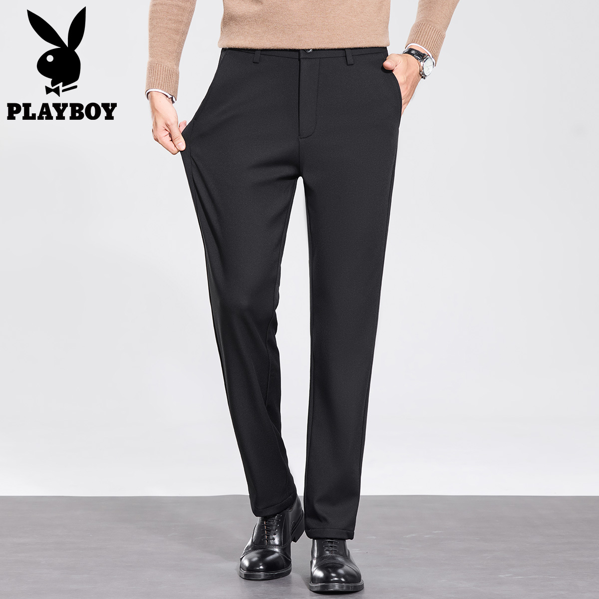 【舒适弹力】花花公子直筒西裤男款黑色休闲裤厚款商务长裤子春季高清大图