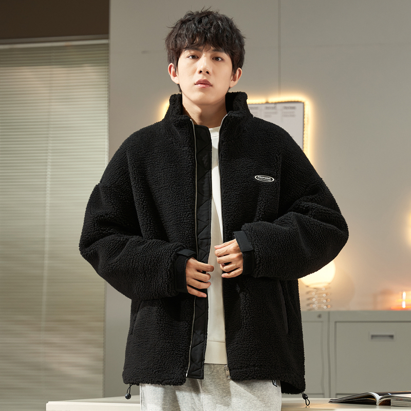 唐狮冬季新款仿羊羔绒棉衣男宽松立领棉服加厚学生短款外套潮