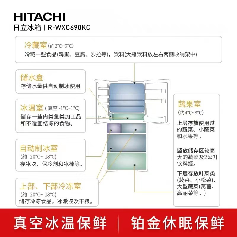 日立(HITACHI) 670升多门风冷冰箱触控电动抽屉 真空休眠保鲜美味速冻R-WX690KC(水晶炫金)日本原装进口