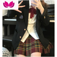 七斓日系正版jk制服学院风校供感西服套装全套黑色西装学生外套女 XXL 黑色西装+衬衫+山楂树格裙+领结送徽章+衣架+飞机盒