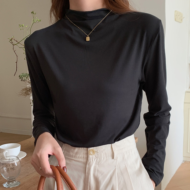 半高领打底衫女秋新款修身高弹长袖秋衣百搭T恤春秋内搭_687_961高清大图