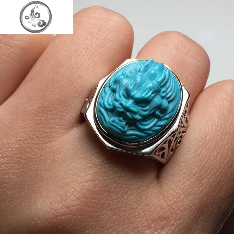云盖寺天然原矿绿松石高瓷蓝龙戒指s925银镶嵌活口男士时尚指环 jimi