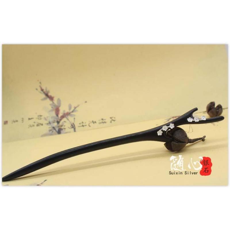 原创银饰纯银桃花簪手工复古黑檀木簪子简约创意饰品女闺蜜礼物送女朋友老婆生日礼物送女朋友七夕情人节礼物