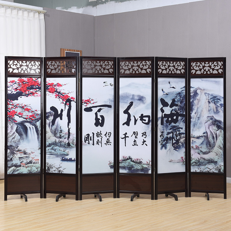 墨绿色6扇海纳百川心系视频介绍_中式仿古实木屏风折叠闪电客可移动