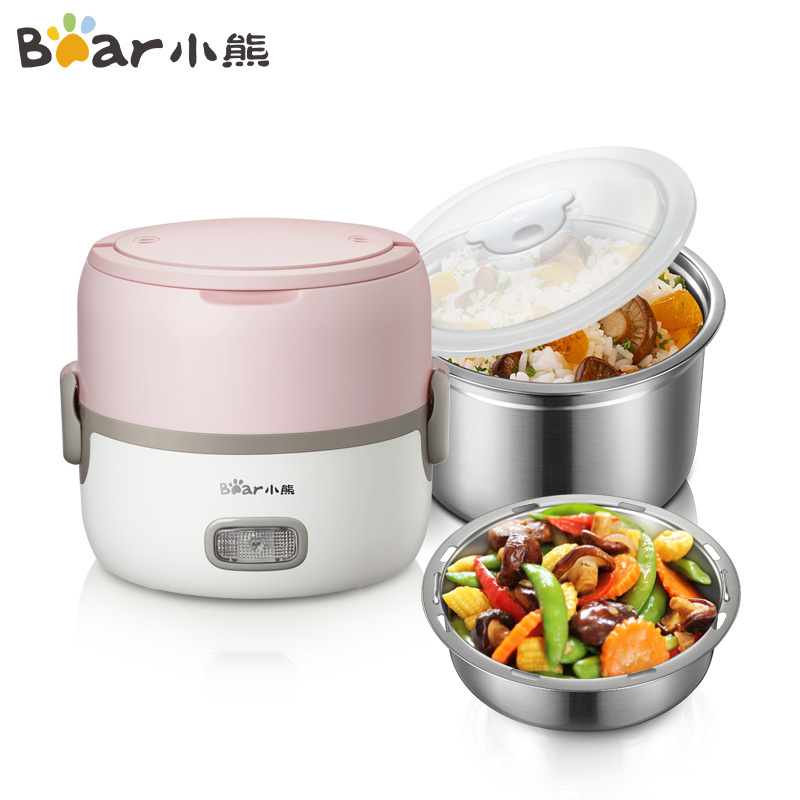 小熊(Bear)电热饭盒 DFH-B14S3 双层1.3L插电蒸煮米饭保温 负压密封保鲜 不锈钢内胆