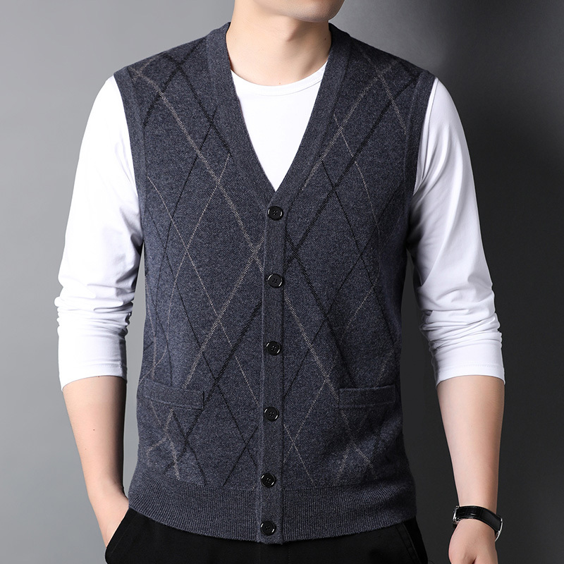 牧绒多斯加厚v领100羊绒衫马甲开襟中老年毛背心宽松口袋坎肩山羊绒不