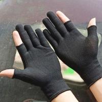 5-10双薄耐磨劳保手套男防滑服帖尼龙黑色手套女半指露两指防静电 尼龙露两指黑色5双装
