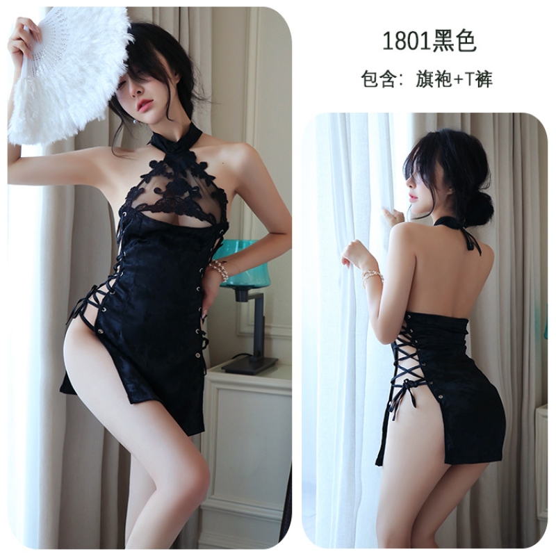 长夜漫漫情趣内衣性感复古透视镂空绑带蕾丝旗袍制服诱惑1801 黑色 均码(80-125斤)