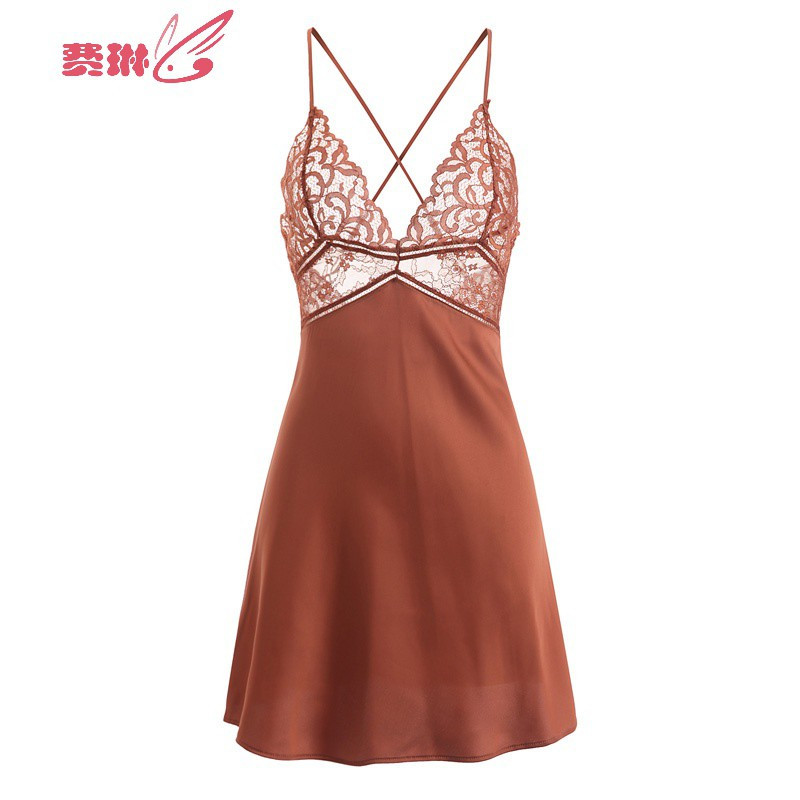 性感睡衣女冰丝花边裙子透明蕾惑镂空家居服 费琳睡裙
