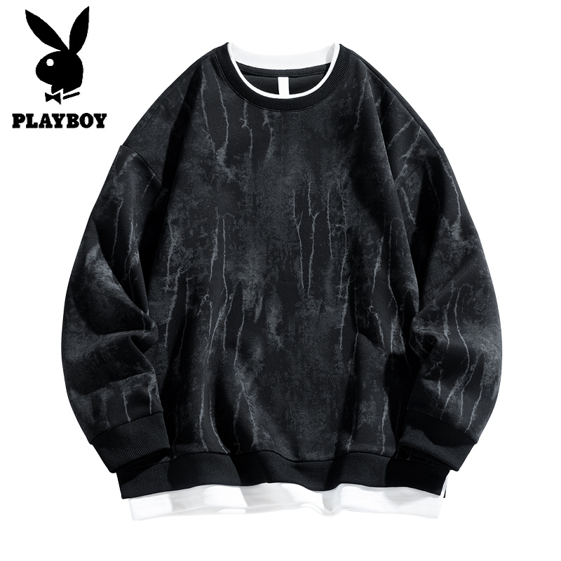 花花公子新款高品质加绒重磅圆领卫衣男2025秋冬新款假两件拼接扎染宽松休闲上衣_415高清大图