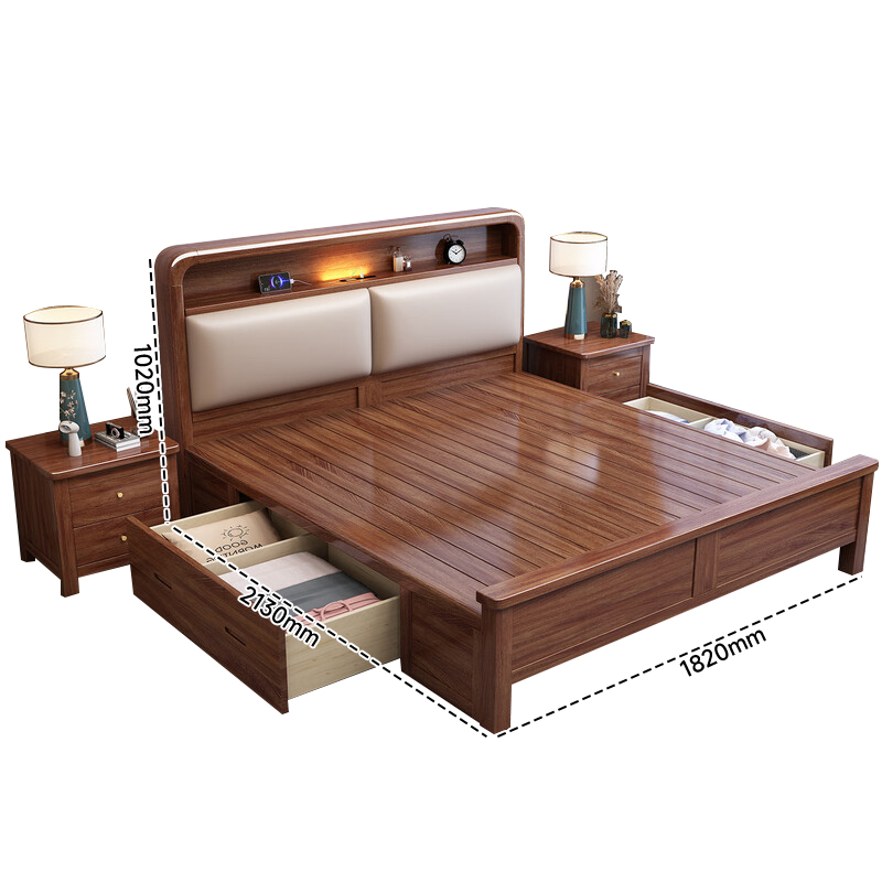 苏宁 质凡 宿舍公寓胡桃木带软包实木床箱框结构/ZF-SMC062/1.8米*2米高清大图
