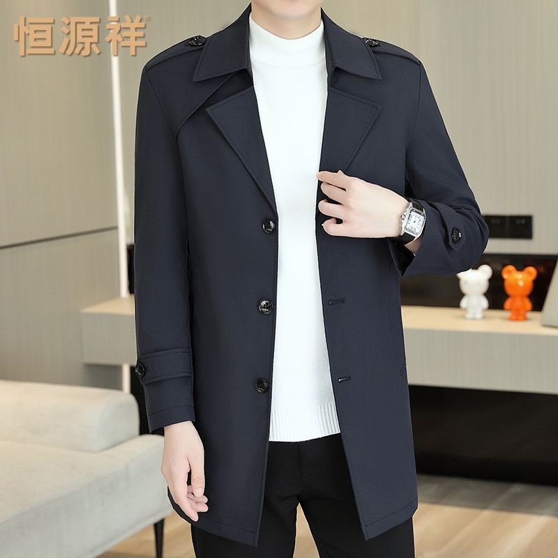恒源祥中长款男士外套韩版潮流春秋季2024新款修身翻领单排扣风衣高清大图
