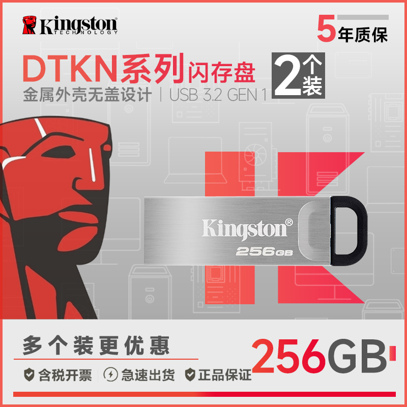 金士顿优盘256GB USB 3.2 Gen 1 U盘 DTKN 金属外壳 读速200MB/s 2个