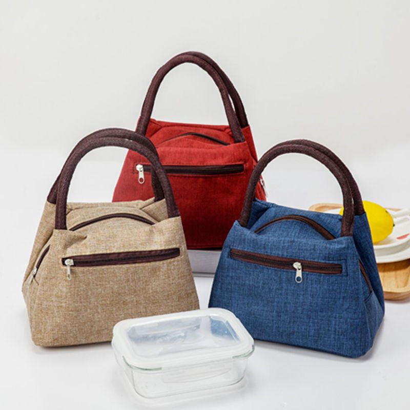 加厚防水牛津帆布便当包手提小花布包买菜手拎小包饭盒袋女休闲包酒红