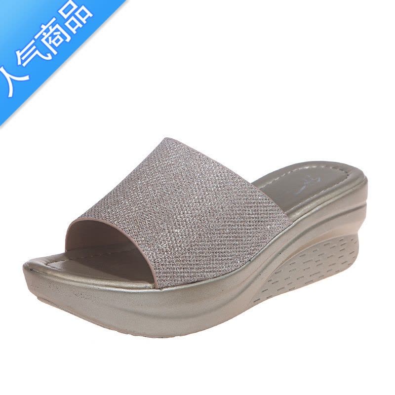 SUNTEK坡跟拖鞋女外穿夏2023新款夏季松糕百搭厚底增高坡跟夏天网红凉拖图片