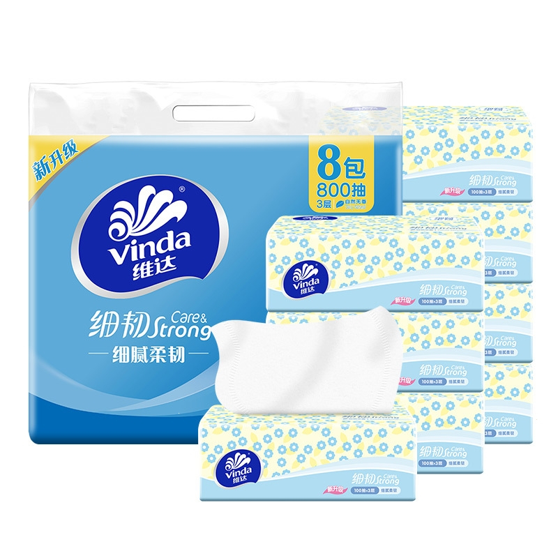 准达(Vinda)细韧抽纸3层100抽面巾纸餐巾纸家庭实惠装床头柜卧室用纸1包