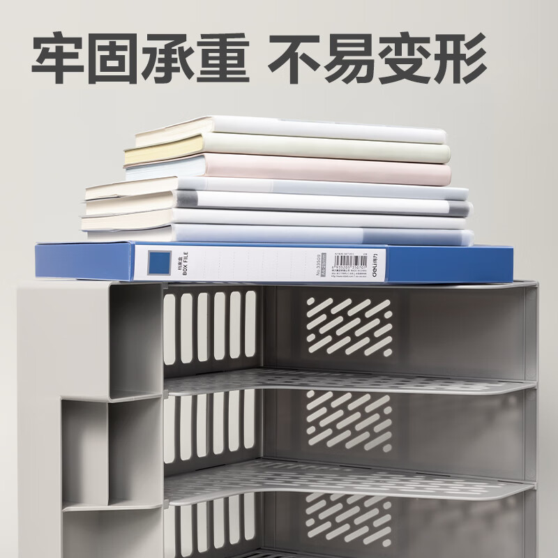 得力(deli) 灰色3联带笔筒桌面档案收纳盒文件框栏篮盘书立架 办公室用品多层文件置物架资料架子镂空 78980高清大图