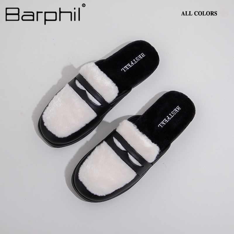 Barphil外穿半拖鞋2023冬季新款加绒保暖懒人一脚蹬棉鞋小皮鞋女