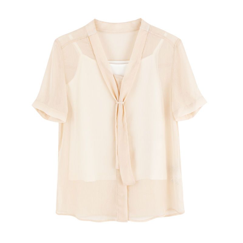 拉夏贝尔拉夏贝尔夏季新款雪纺衫女韩版v领绑带纯色短袖上衣