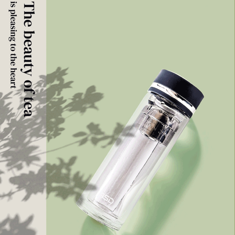 爱仕达(ASD)玻璃泡茶透明水杯家用办公圆柱分离双层高硅硼便携防烫耐热 RWB32B7Q高清大图