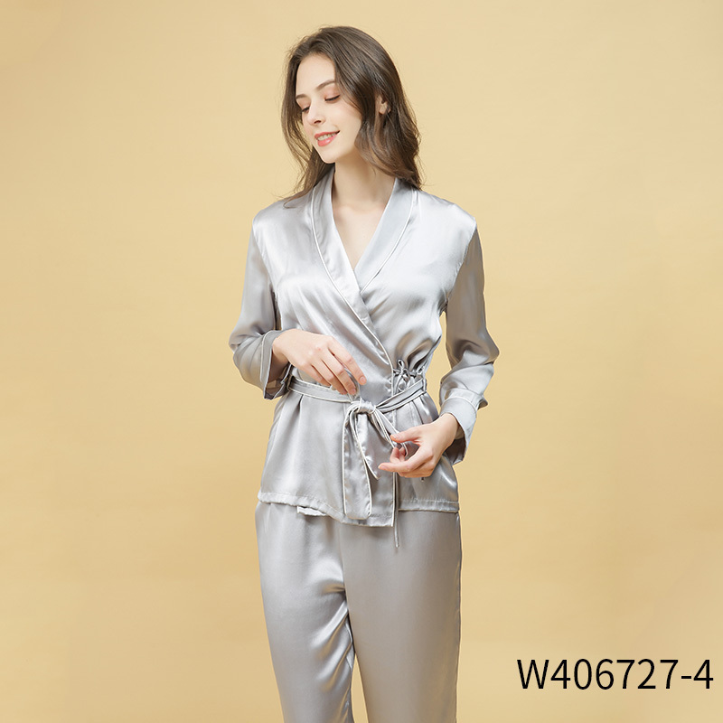 100桑蚕丝睡衣秋冬长袖情侣款真丝睡衣套装女桑蚕丝腰带 XL否 W406727灰色