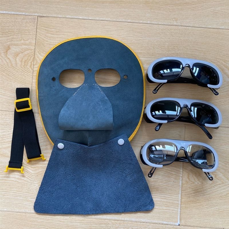 新型牛皮电焊面罩焊工防护眼镜烧焊工电焊面具隔热防飞溅防烫|牛皮面罩+三色眼镜+护颈+绑带