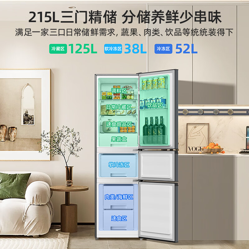 美菱215升三门三开门多门家用小型冰箱中门软冷冻小户型租房用节能迷你小型租房优选新国标电冰箱 MRF-215L3CXG1高清大图