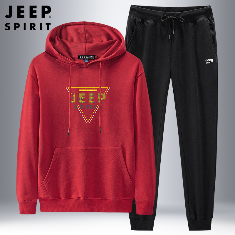 JEEP SPIRIT吉普2022春秋新款休闲运动套装男士连帽卫衣松紧长裤2件套弹力舒适棉跑步服