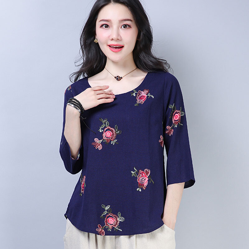 棉麻t恤七分袖夏秋显瘦复古民族风刺绣花宽松大码遮肚短袖上衣女视频