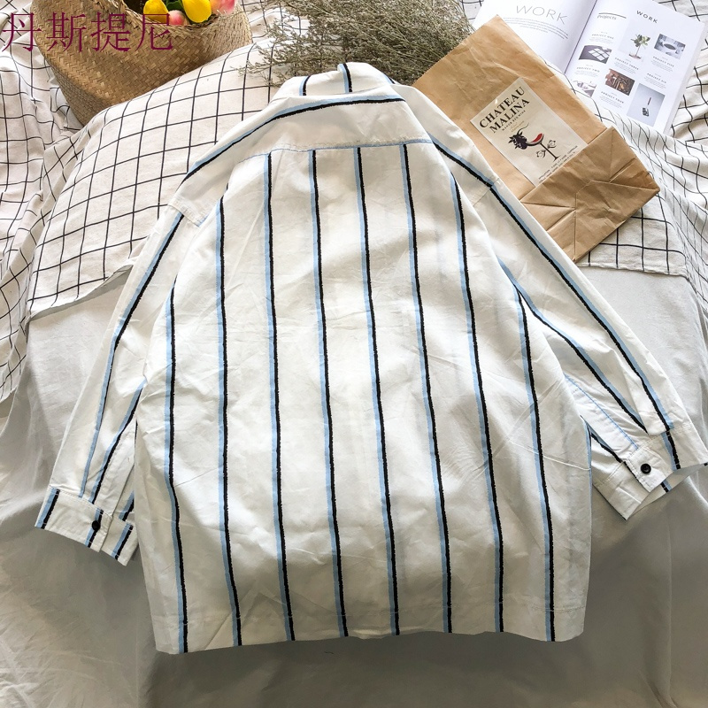 条纹衬衫男七分袖夏季薄款宽松韩版帅气休闲短袖潮流港风半袖上衣
