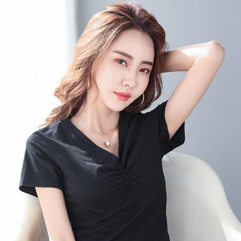 晗亦然2021春夏装新款纯色v领抽皱宽松上衣短袖t恤女7093