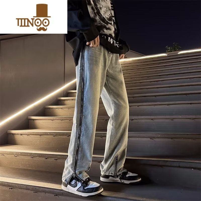 YANXU美式高街vibe牛仔裤男春季潮牌复古宽松直筒水洗做旧拉链牌旧古裤高清大图