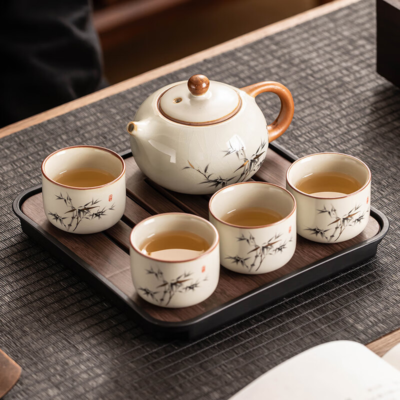 千里谷KLG-CJ06陶瓷功夫茶器一壶四杯带茶盘(含茶夹、茶巾)(计价单位:套)米黄