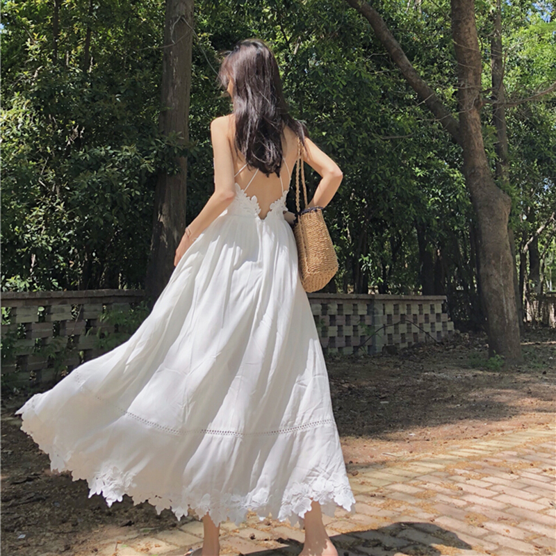 夏装2018新款女韩版复古chic连衣裙长裙少女心仙女裙温柔风带裙 白色 均码