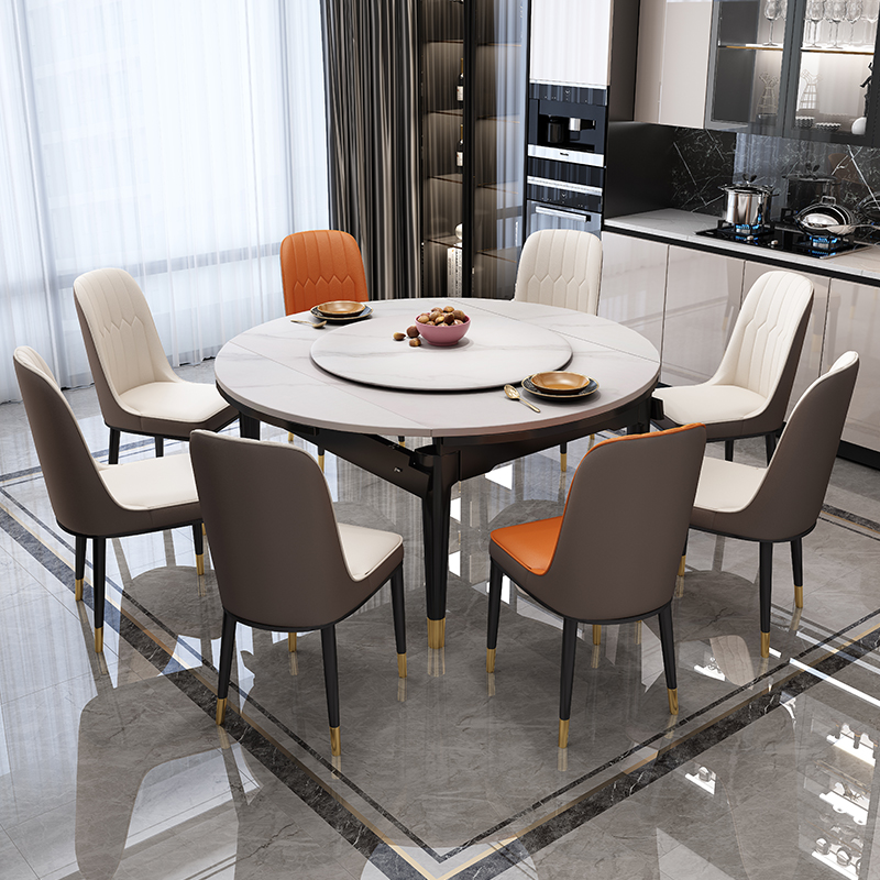 欧梵森 餐桌 岩板餐桌意式轻奢实木餐桌椅组合现代简约圆桌转盘家用小户型可伸缩折叠圆桌长方形饭桌子高清大图