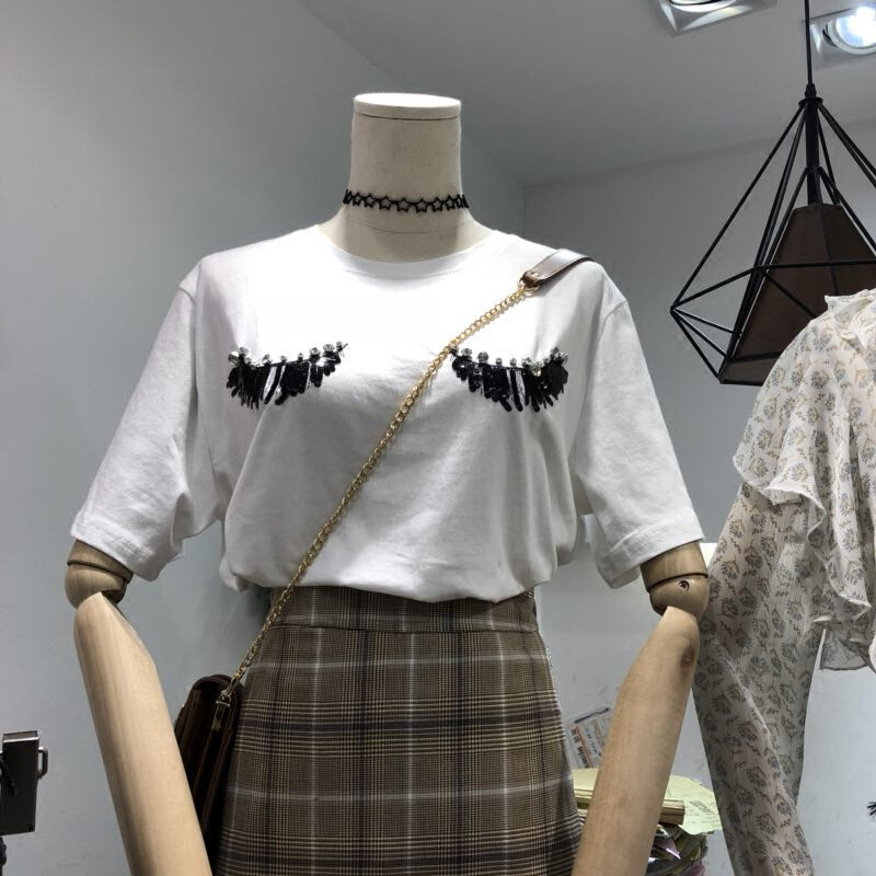 特惠刺绣镶钻T恤女短袖2018夏装宽松百搭学生打底衫学生半袖上衣白色均码