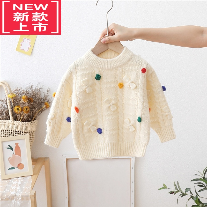 可莉允女童圆领毛衣儿童手工蝴蝶结针织衫小女孩打底宝宝秋冬套头毛线衣