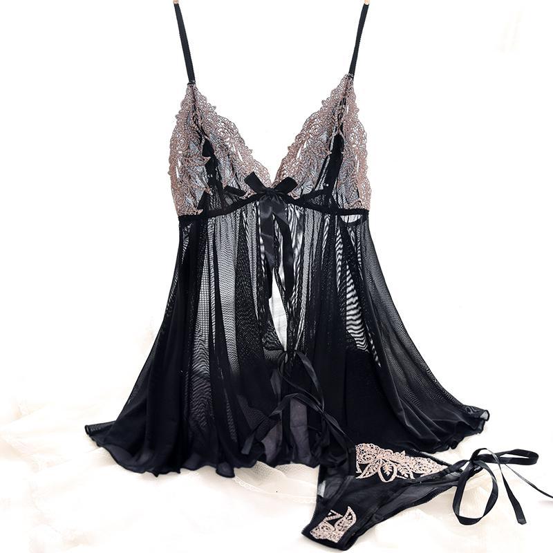 suntek网纱超薄透视女士超短睡裙性感深v无钢圈刺绣t裤套装睡衣家居服