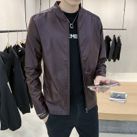 春秋冬季外套男新款休闲加绒韩版立领夹克皮衣男装加大码机车服 酒红（常规） 5XL