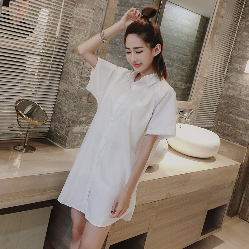 白衬衫睡衣女夏纯棉短袖中长款男友风宽松性感可外穿春秋季睡裙薄