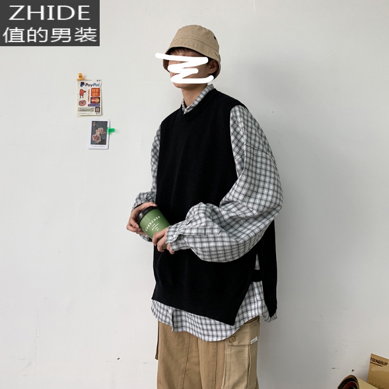 SUNTEK港风毛衣新款马甲毛衣男生针织衫背心学院风色圆领无袖坎肩毛衣马甲/背心高清大图